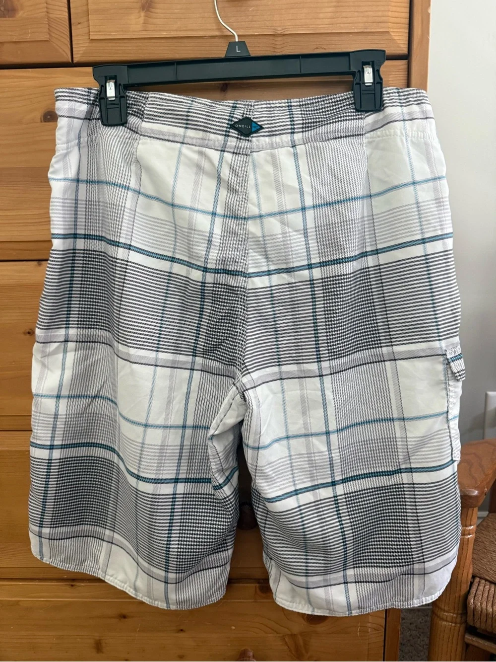 O'Neill Men’s White Plaid Swim Board Shorts with Gray, Black and Light Blue